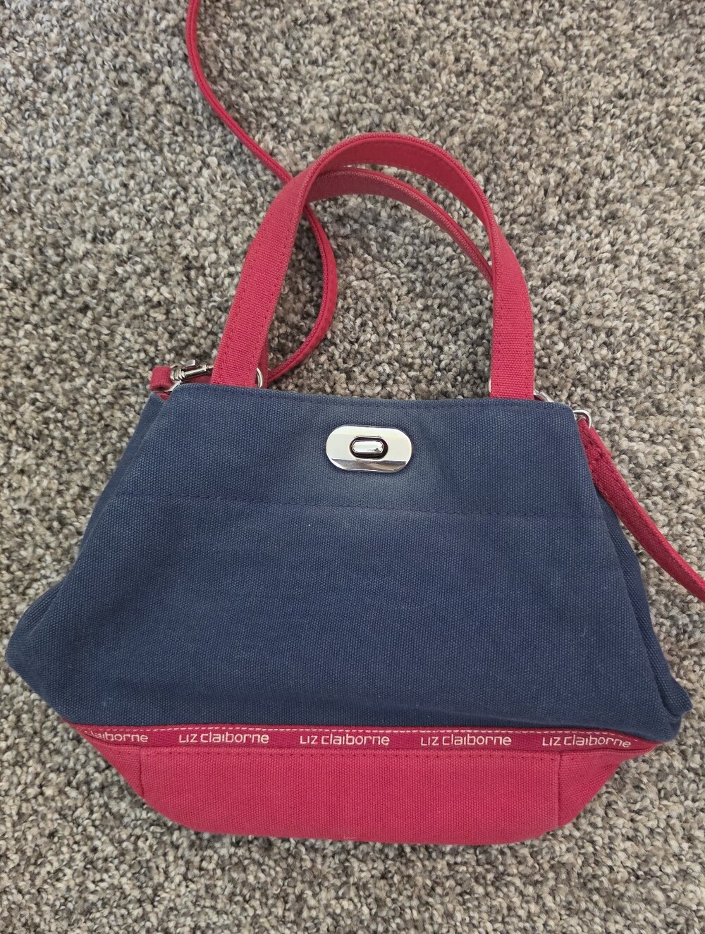 Liz Claiborne Vintage Canvas Red Navy Turn Clasp Double Handle Handbag